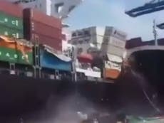 Video shows shipping containers fall from deck into sea as ships crash