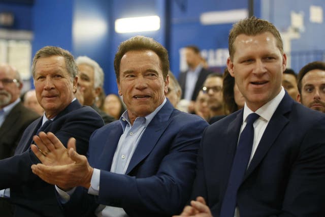 Republican centrists, from left, Ohio Governor John Kasich, former California Governor Arnold Schwarzenegger, and New Way California founder, Assemblyman Chad Mayes, attend the first New Way California Summit