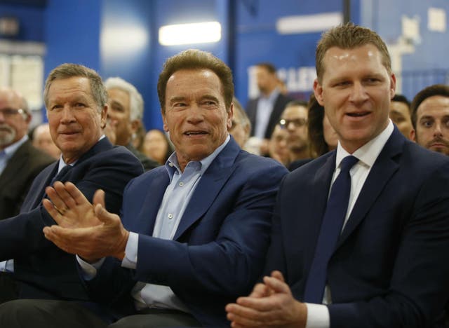 Republican centrists, from left, Ohio Governor John Kasich, former California Governor Arnold Schwarzenegger, and New Way California founder, Assemblyman Chad Mayes, attend the first New Way California Summit