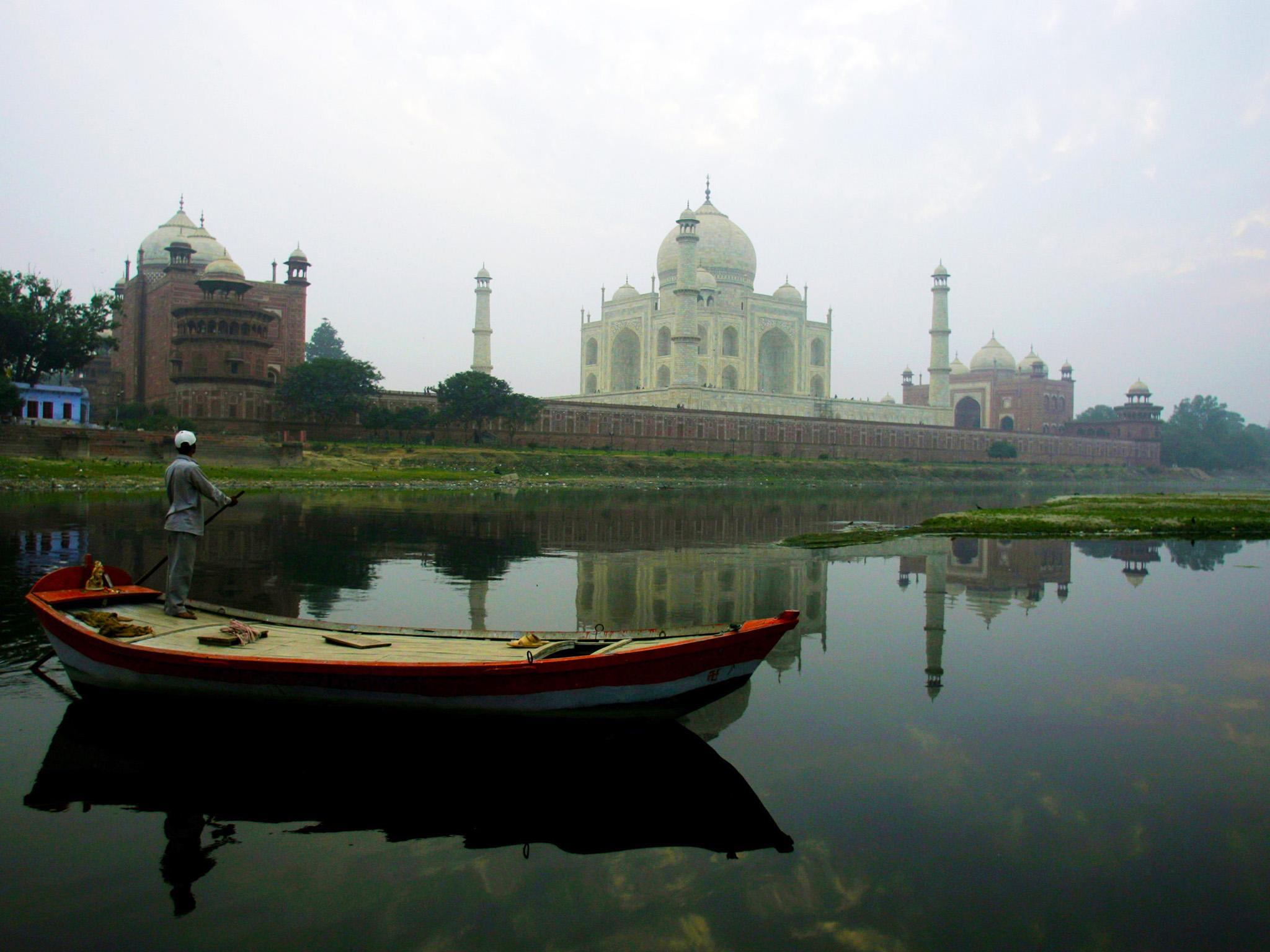 Taj Mahal as seen from the banks of the river Yamuna in Agra, India