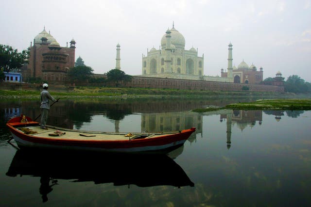 Taj Mahal as seen from the banks of the river Yamuna in Agra, India