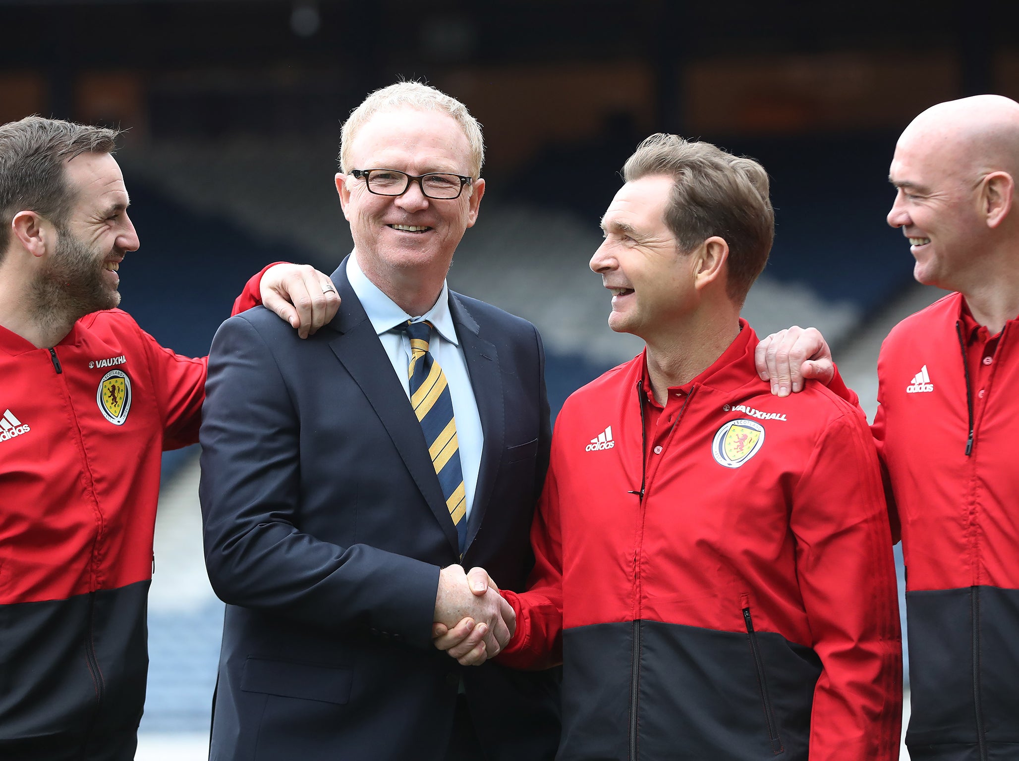 Alex McLeish with assistant coaches James McFadden, Peter Grant and Stevie Woods