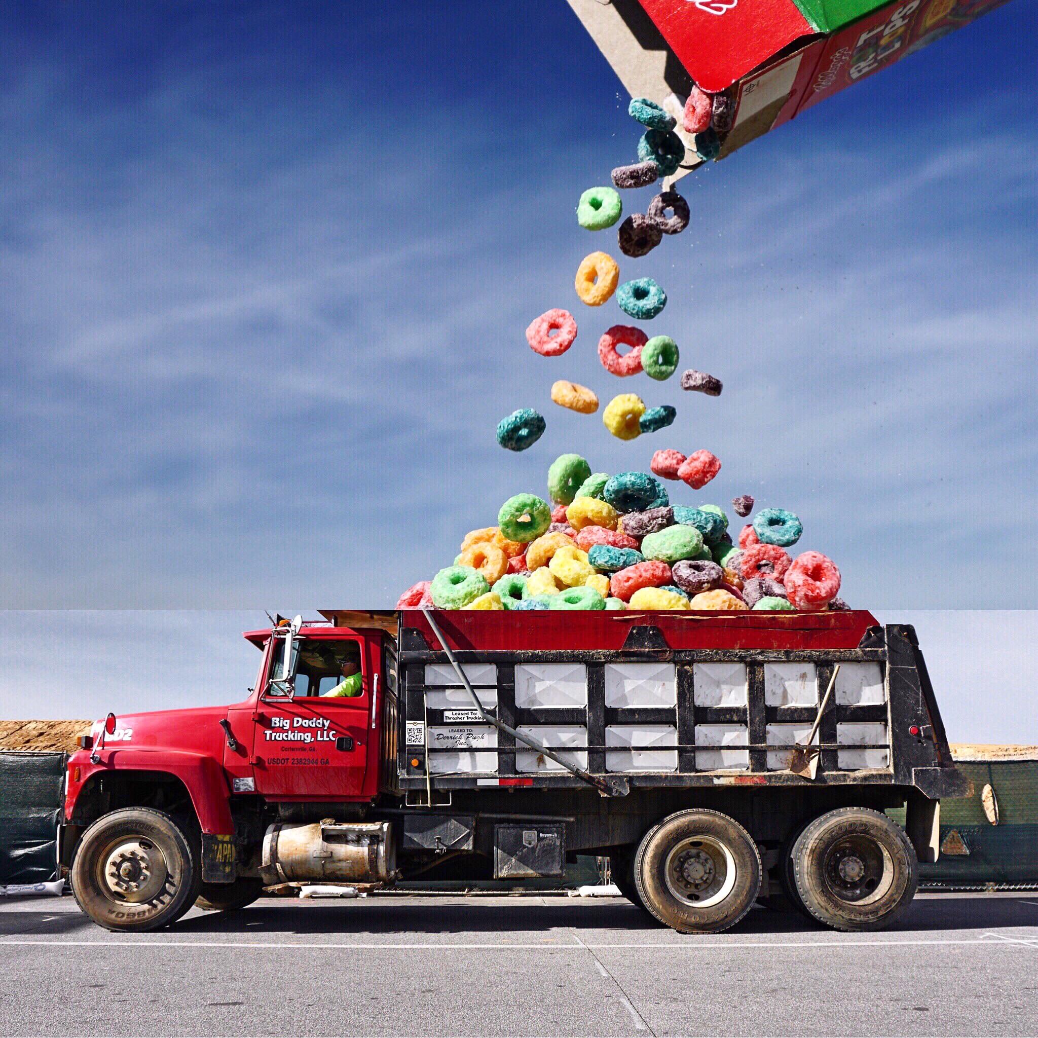 Fruit loops being tipped into the back of a truck