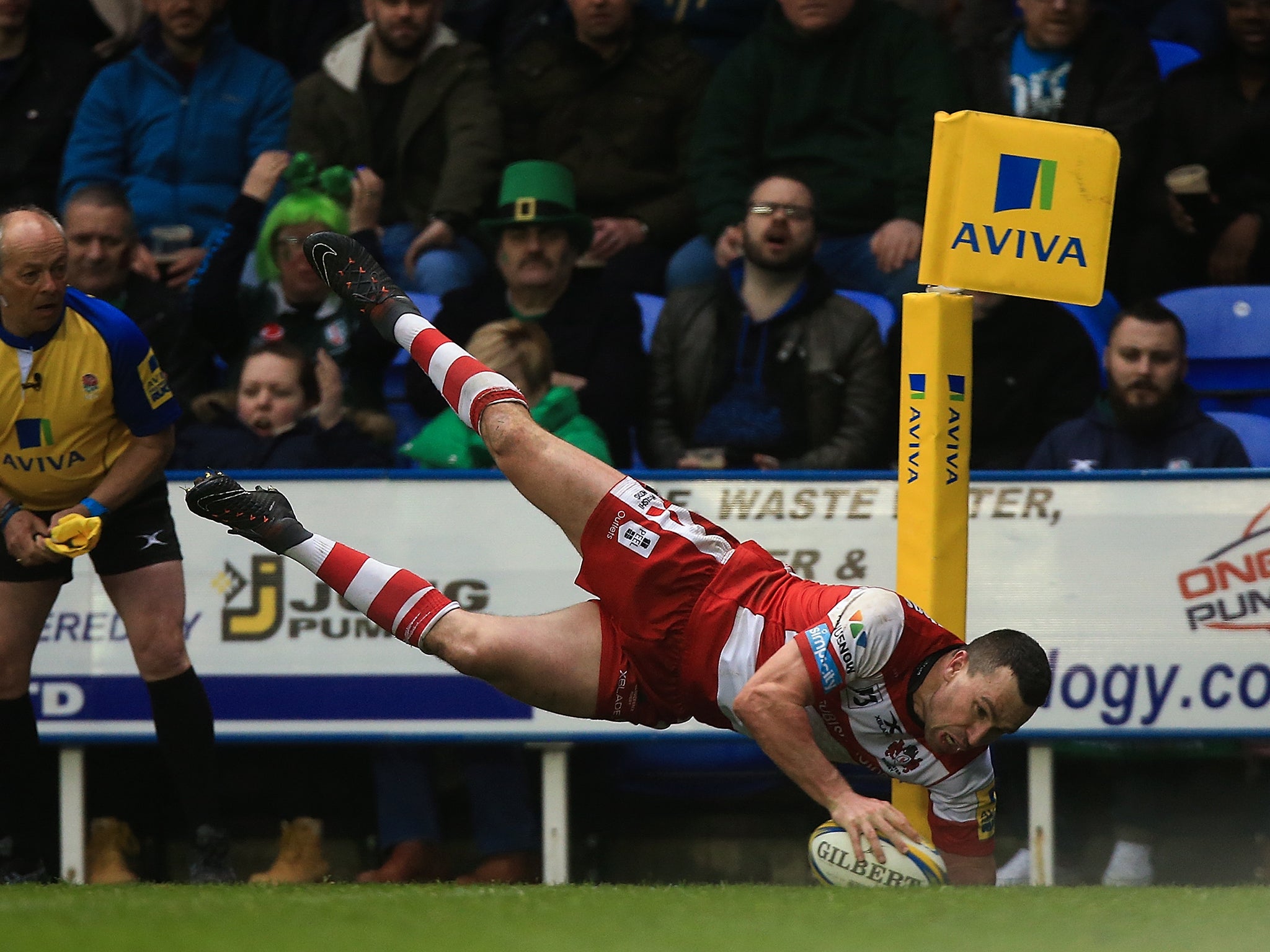 Tom Marshall dives for the line to score one of Gloucester's five tries against London Irish