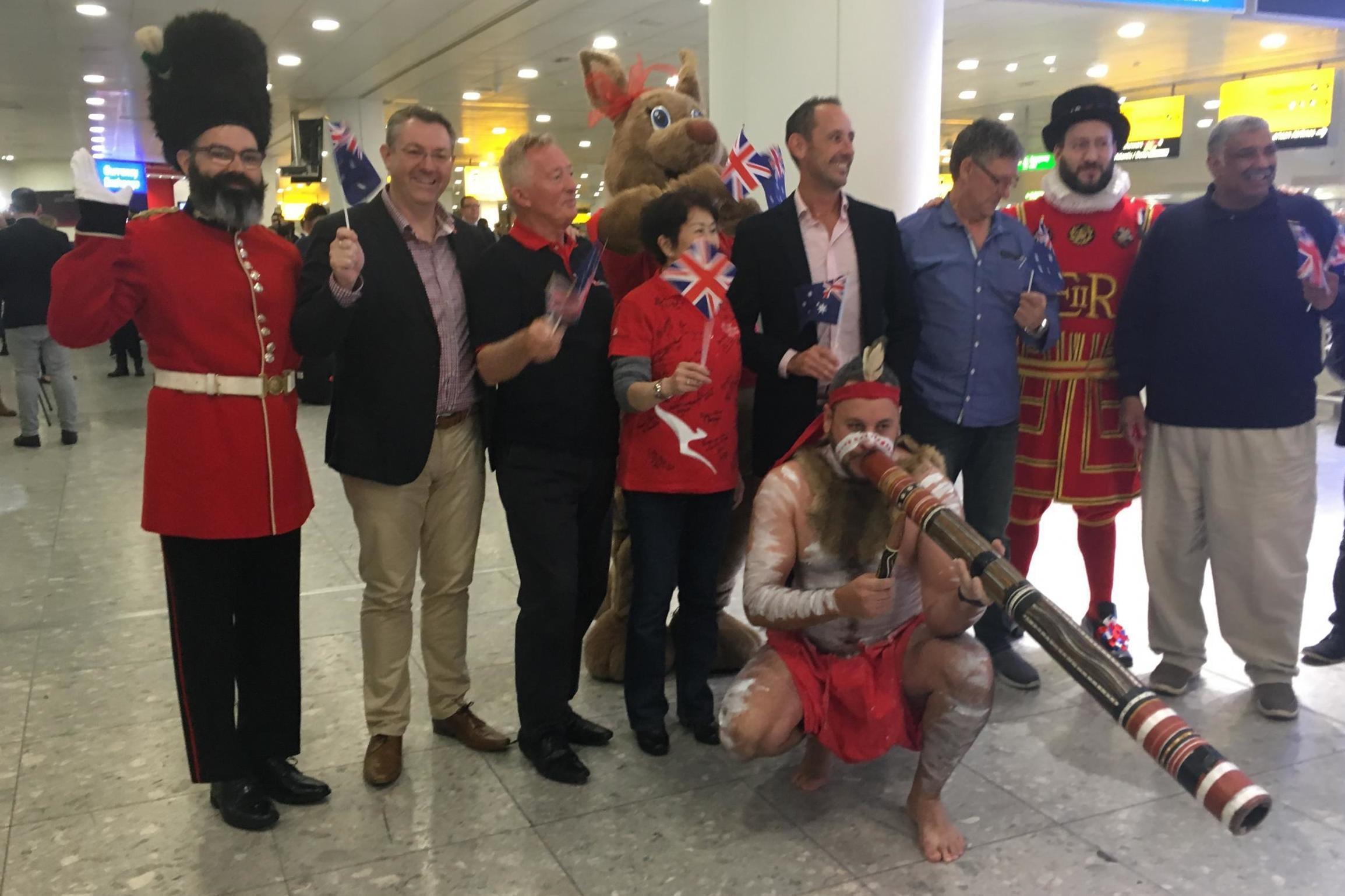 Welcome party: the scene at Heathrow Terminal 3 greeting the first nonstop passengers from Australia to Britain