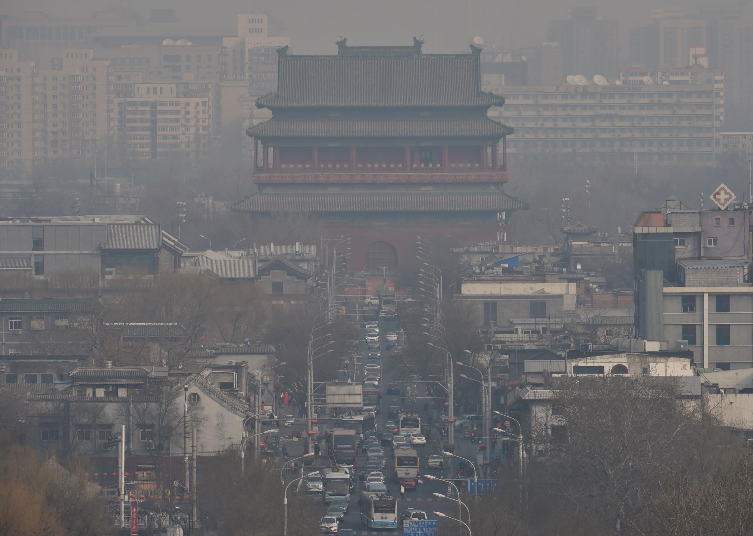 A view of the Drum Tower on a polluted day in Beijing, China