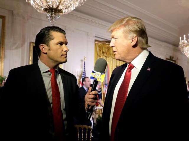 <p>Pete Hegseth (left) is a favourite of the President and is rumoured to be a possible replacement for the embattled veteran affairs secretary, David Shulkin</p>