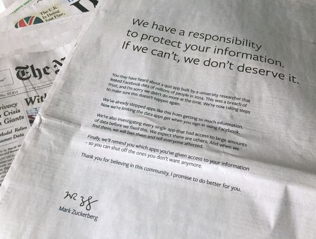 An apology, signed by Mark Zuckerberg, published in the New York Times