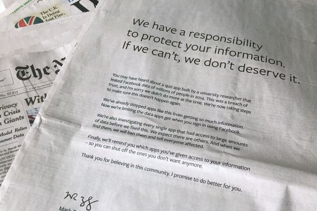 An apology, signed by Mark Zuckerberg, published in the New York Times