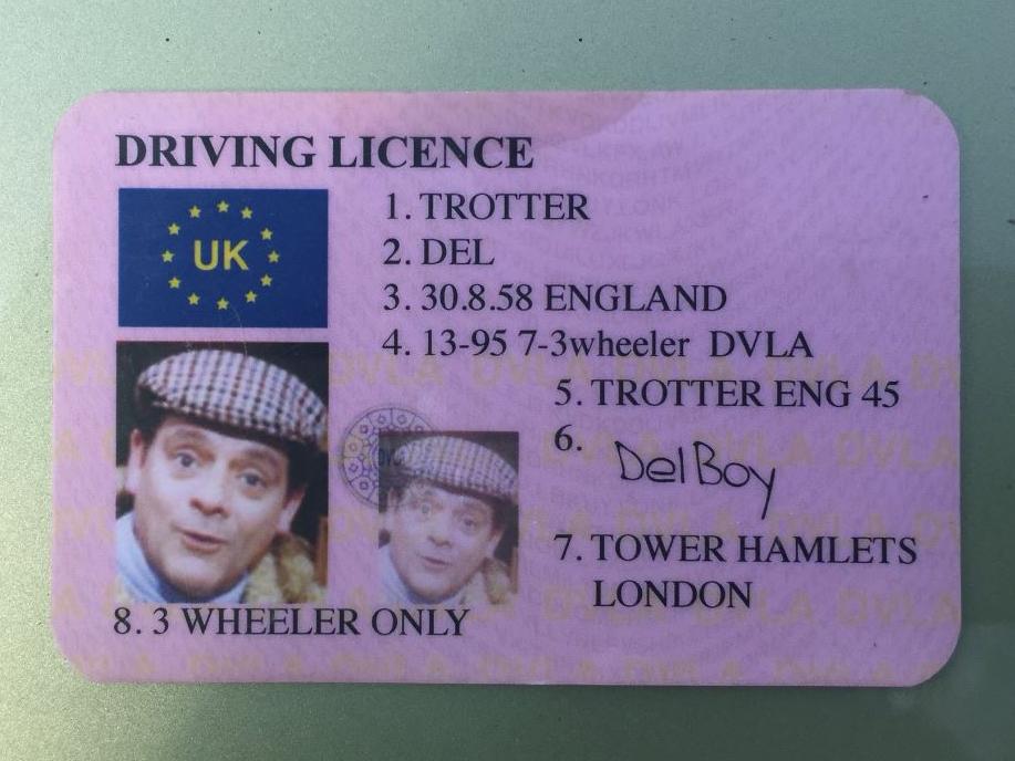 A fake driving licence in the name of Del Boy, from Only Fools and Horses