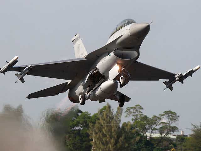 A Taiwan Air Force US-made F-16 fighter jet takes off from a highway in southern Taiwan in September 2014