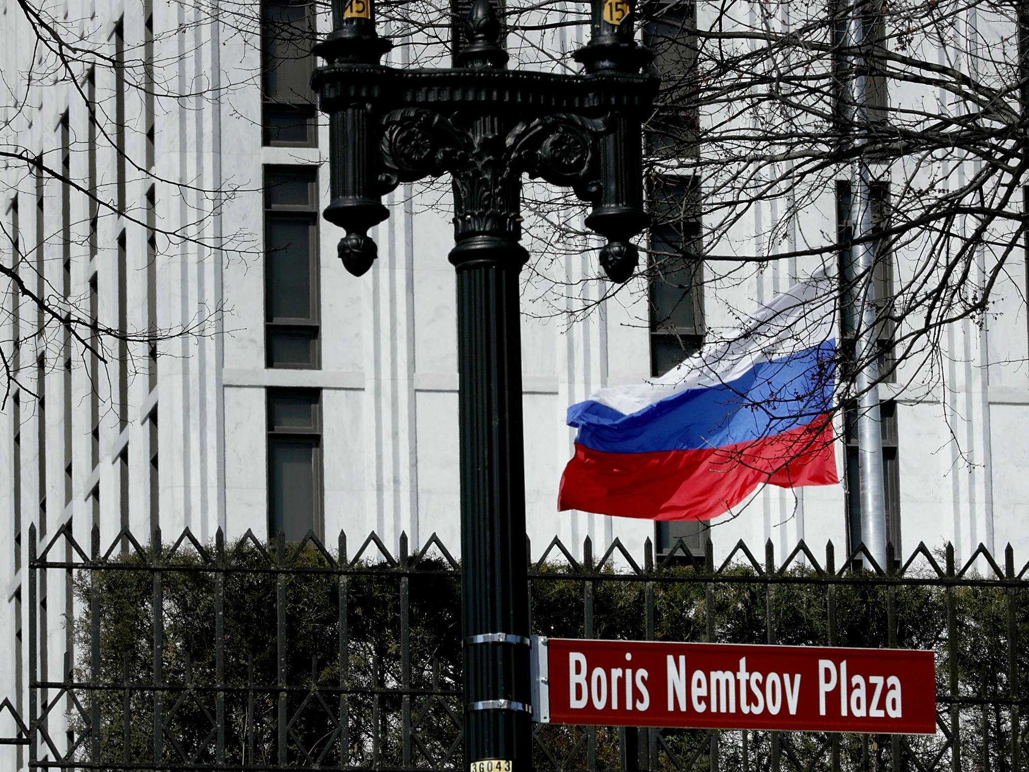 The Russian Federation flag flies in front of its embassy in Washington, DC.