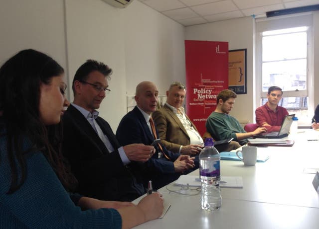 Andrew Adonis, centre, with Michelle Clement, John Rentoul (I am setting my phone to record, not tweeting) and Jon Davis, talking to King’s College London students on 12 March