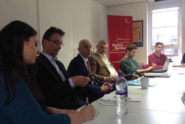 Andrew Adonis, centre, with Michelle Clement, John Rentoul (I am setting my phone to record, not tweeting) and Jon Davis, talking to King’s College London students on 12 March