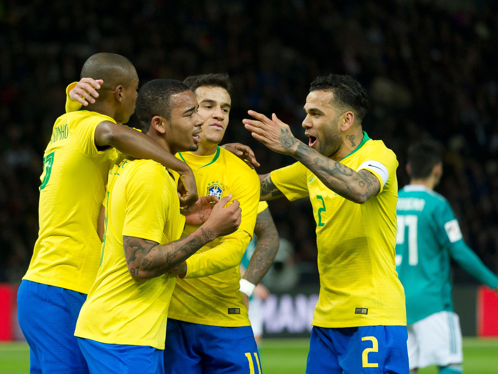 Gabriel Jesus celebrates with teammates after scoring for Brazil