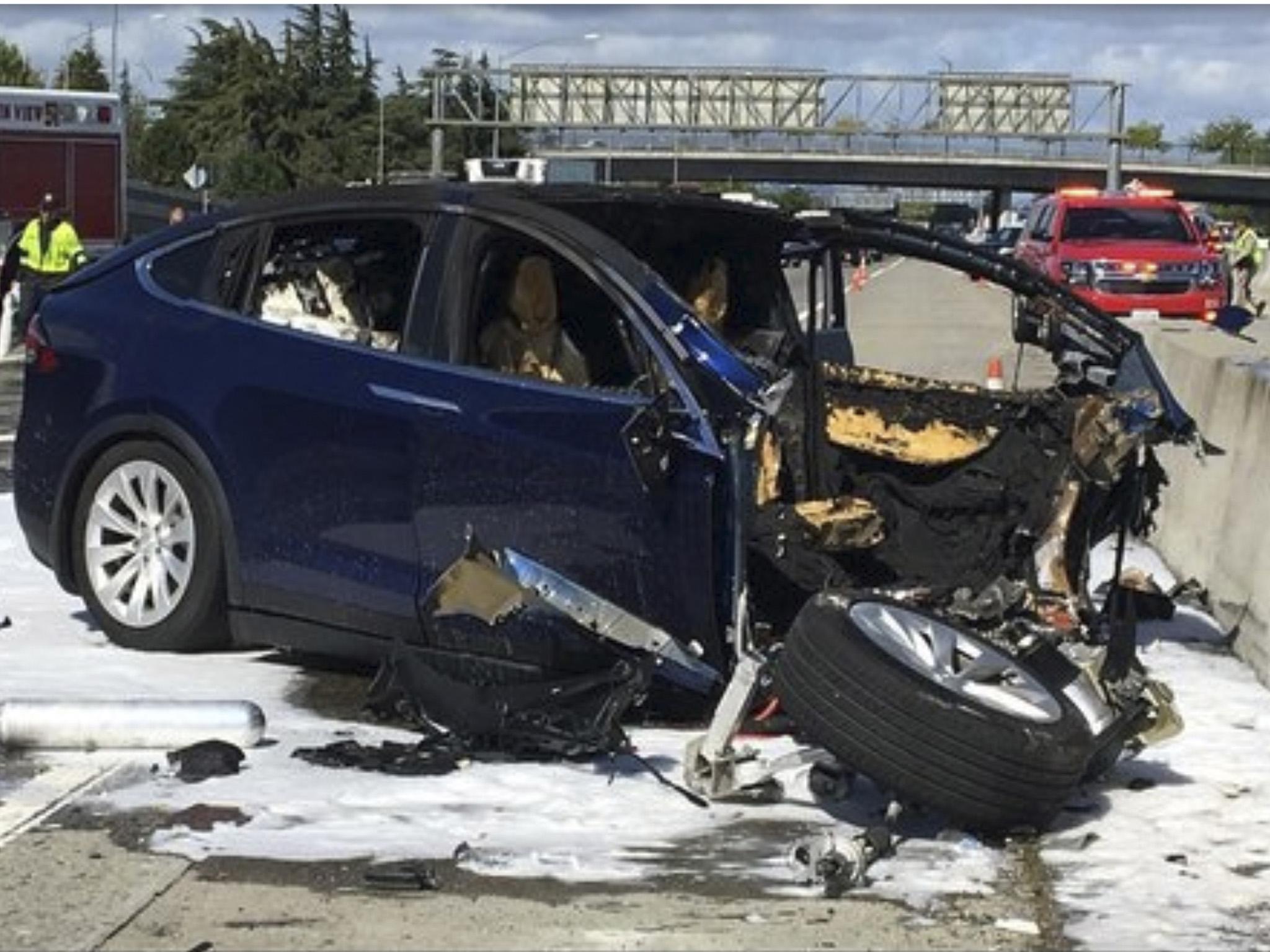 A Tesla vehicle that caught fire following an accident in the US in 2018
