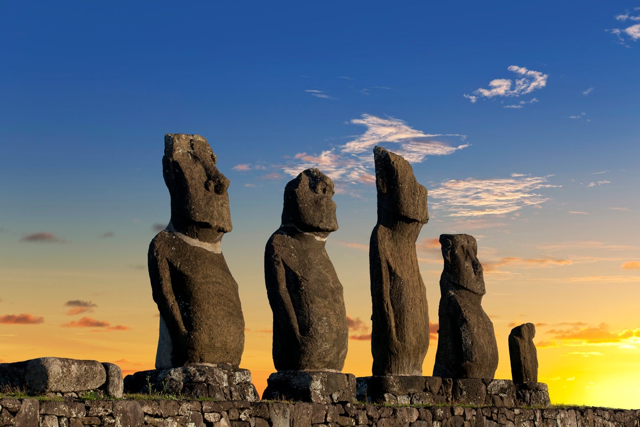 Dawn over Moais at Ahu Tahai on Easter Island Chile