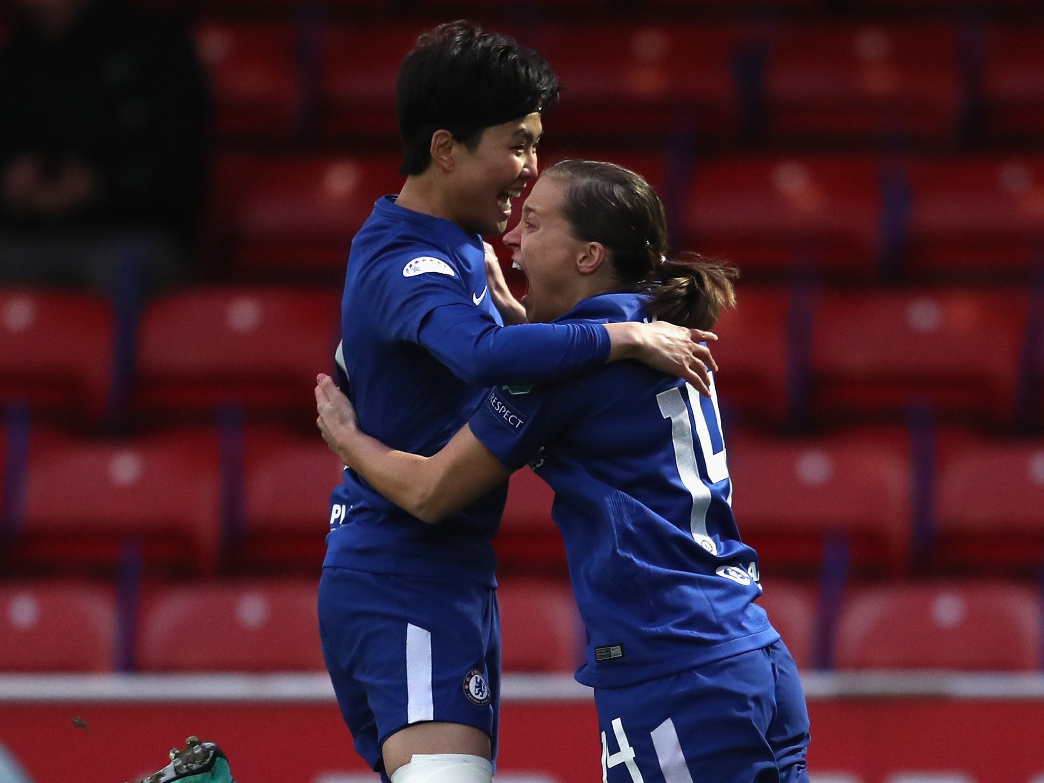 Fran Kirby scored twice to fire Chelsea into the Women's Champions League semi-finals