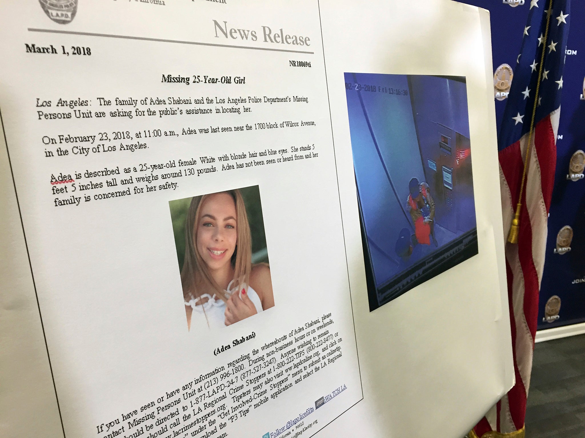 A poster with a photo and information about Adea Shabani who vanished in Los Angeles in February.