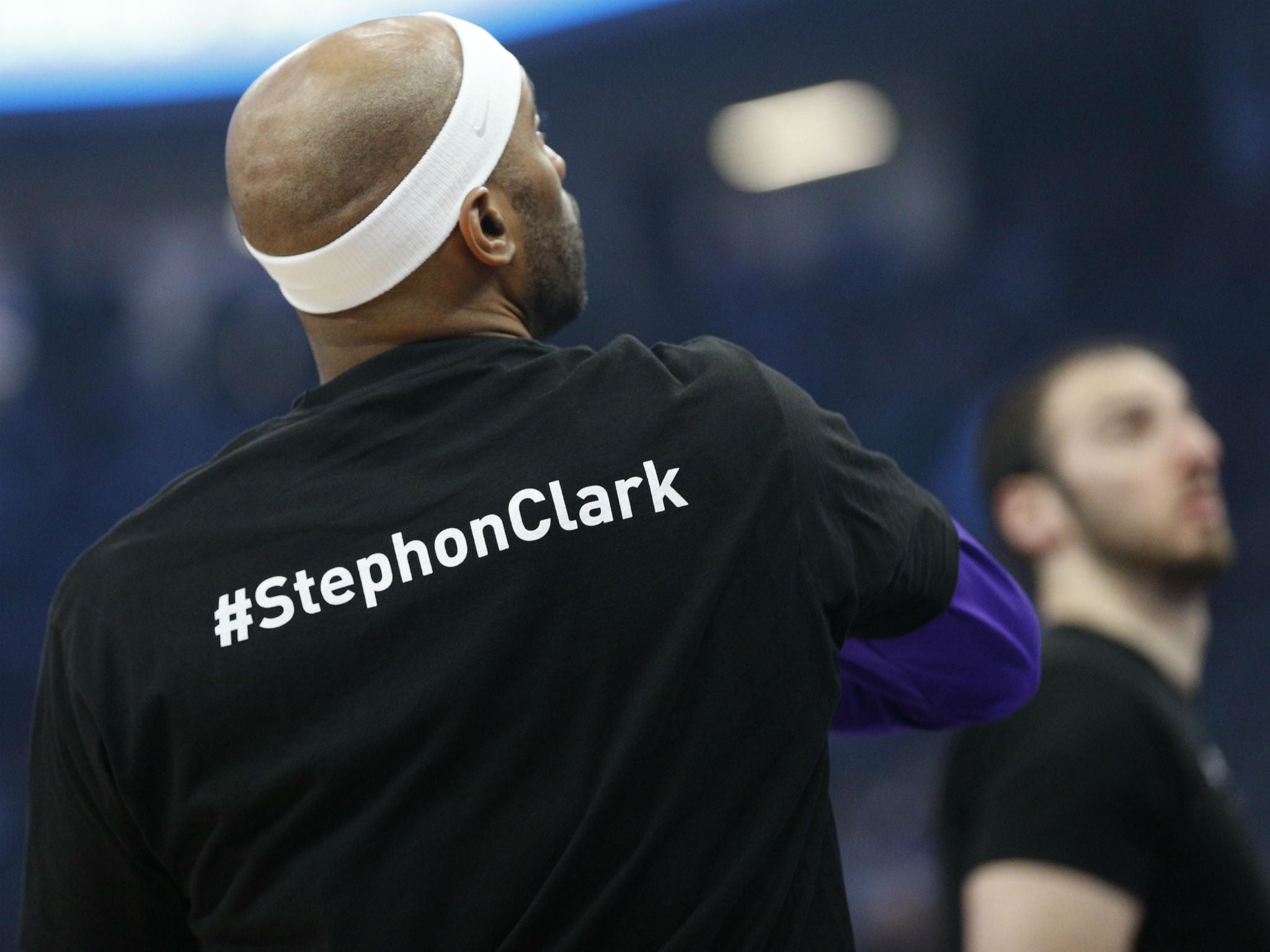 Sacramento Kings forward Vince Carter wears a shirt during warmups honouring Stephon Clark