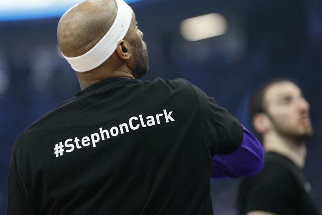 Sacramento Kings forward Vince Carter wears a shirt during warmups honouring Stephon Clark