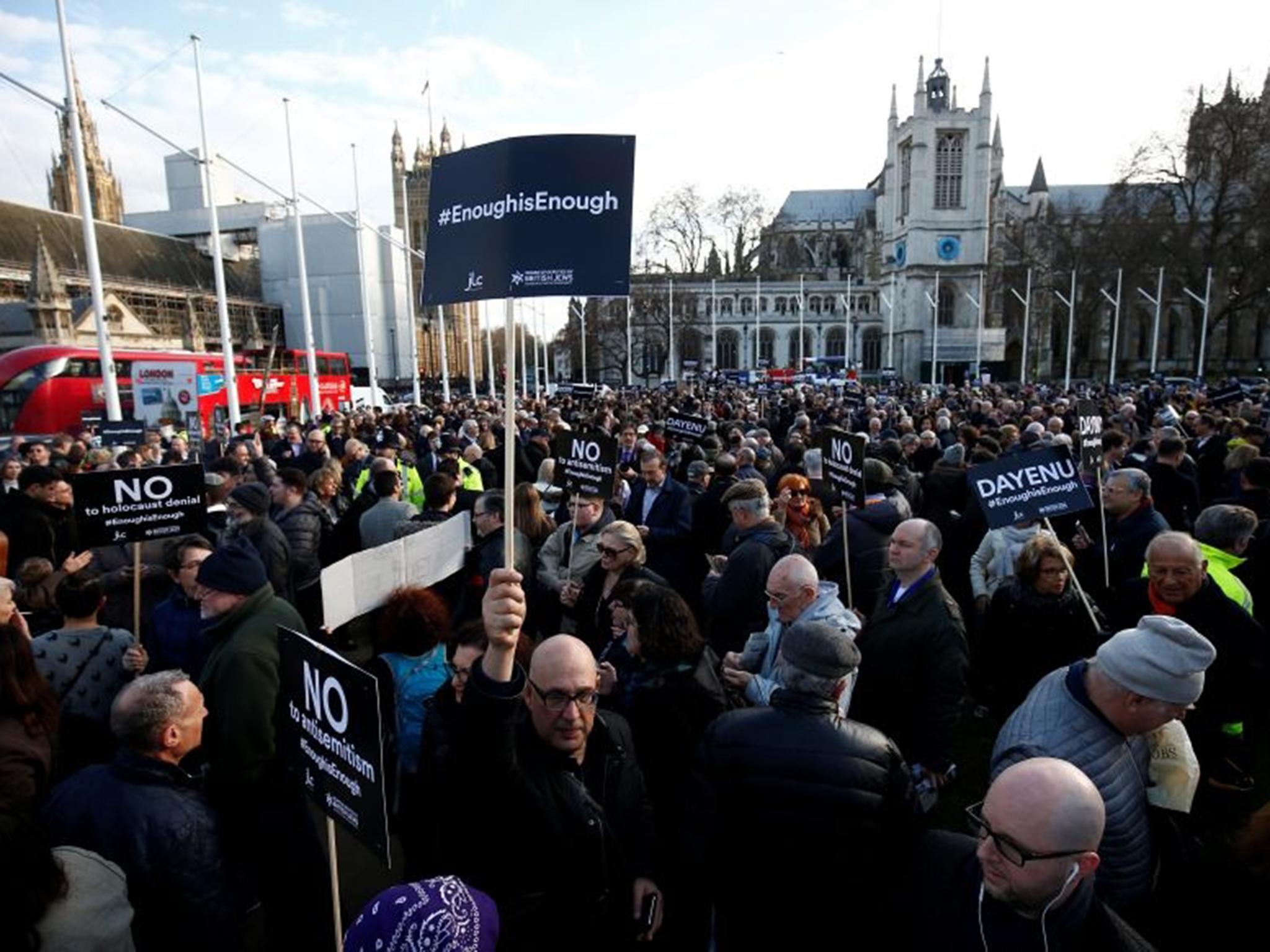 Demonstrators gather earlier this week to protest signs of prejudice within the Labour Party towards Jewish people