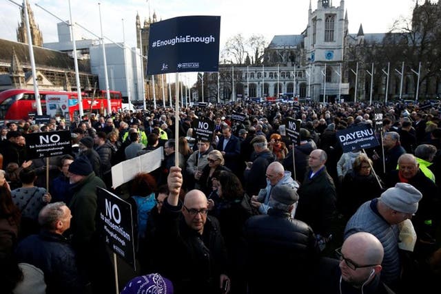 Demonstrators gather earlier this week to protest signs of prejudice within the Labour Party towards Jewish people 