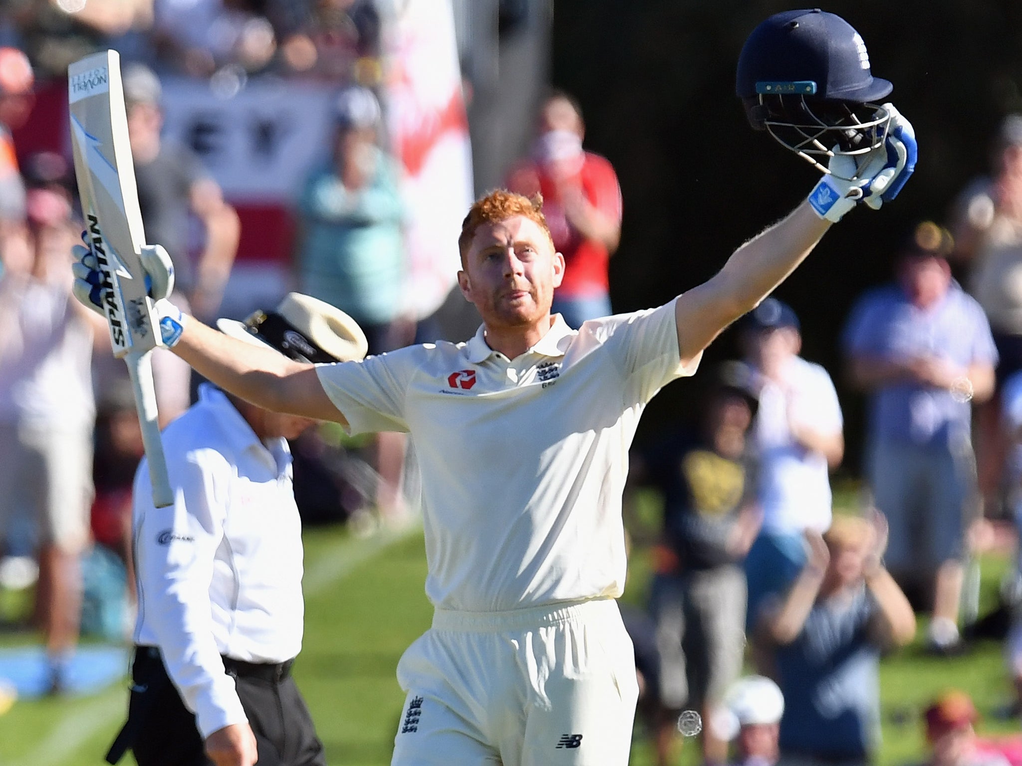 Jonny Bairstow celebrates reaching his century in the second Test