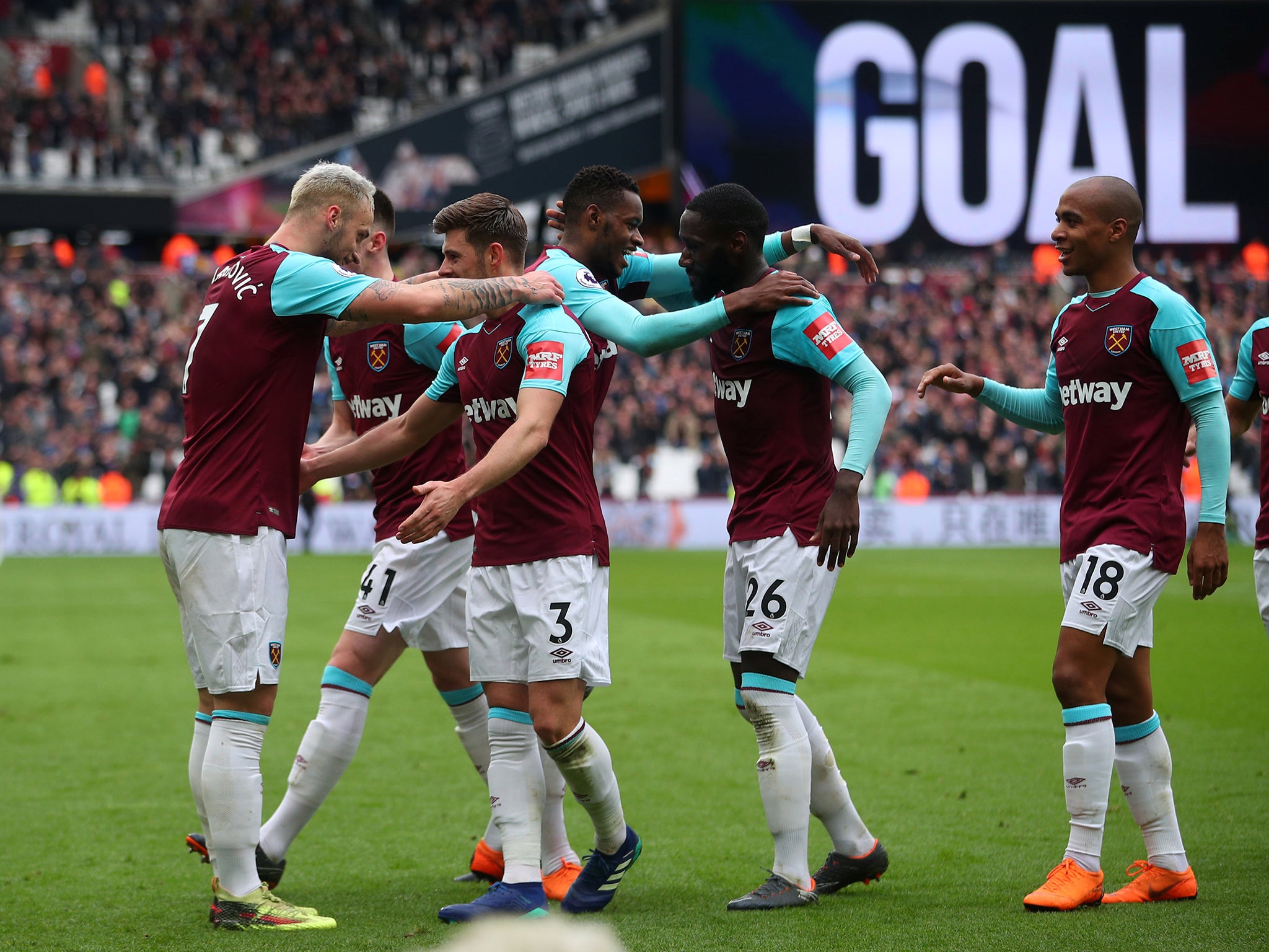West Ham players celebrate after Marko Arnautovic scores his second against Southampton