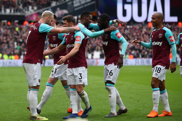West Ham players celebrate after Marko Arnautovic scores his second against Southampton