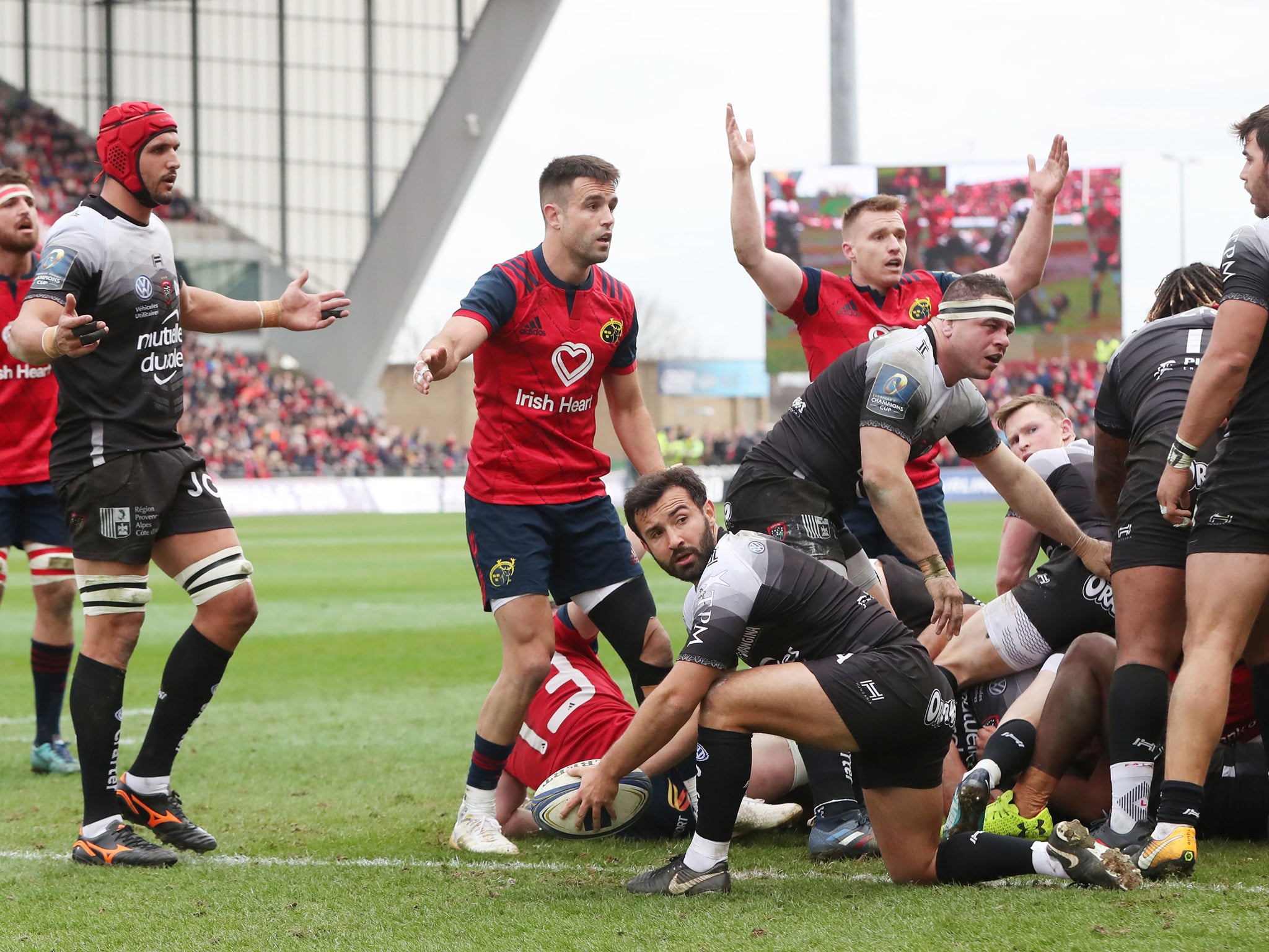 Conor Murray successfully protests for a try after a TMO review