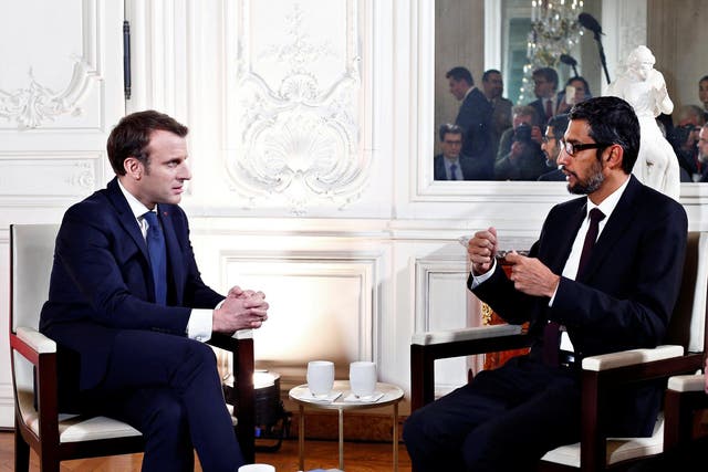 Emmanuel Macron meeting Google's chief executive, Sundar Pichai, in January