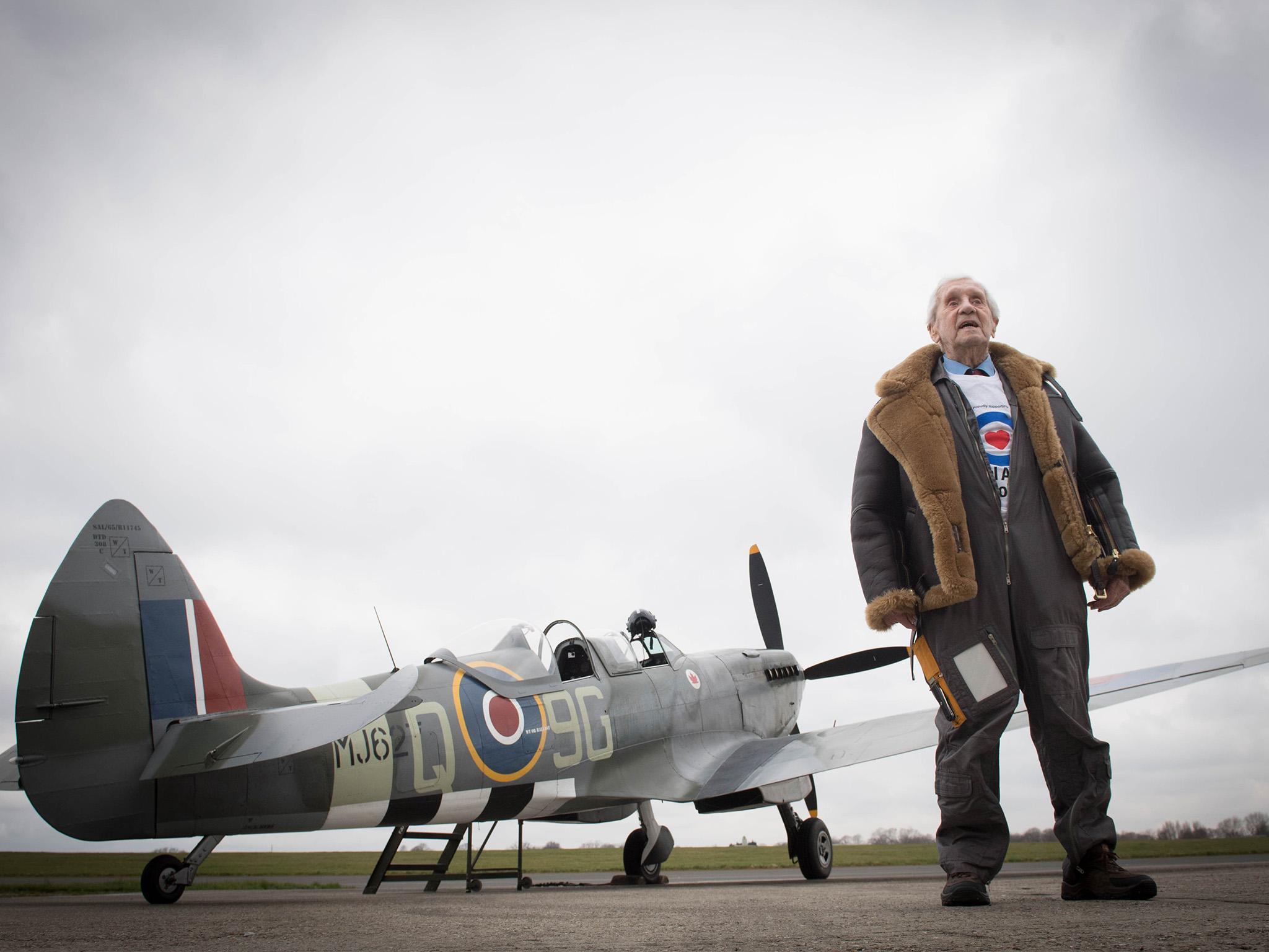 Former Spitfire pilot Squadron Leader Allan Scott, 96, prepares to fly in a Spitfire for the RAF centenary