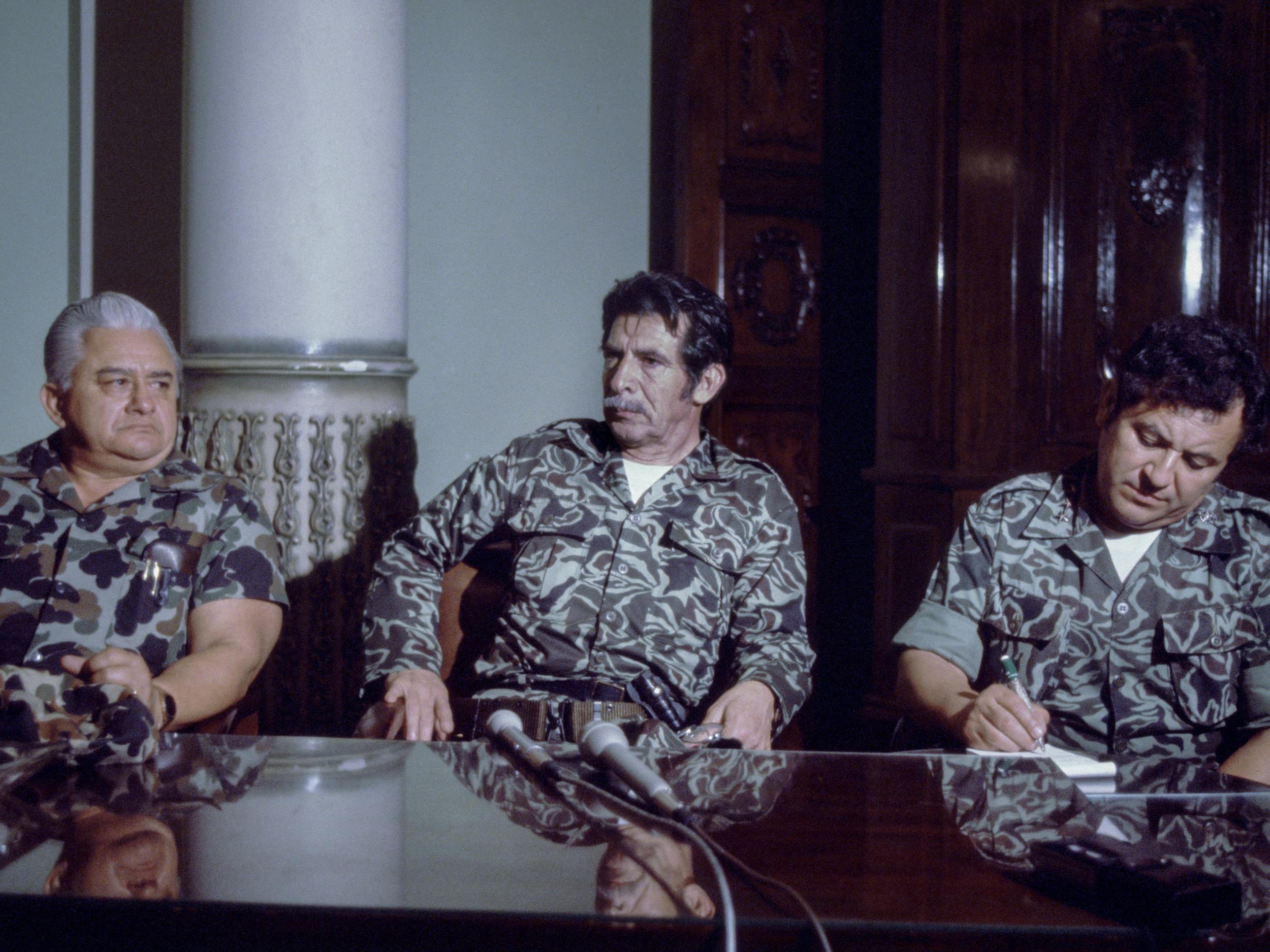 Rios Montt (centre) announcing the coup that brought him to power in 1982