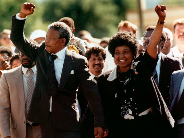 Hand in hand, Mandela and then wife Winnie moments after his release from Victor prison, Cape Town, on 11 February 1990