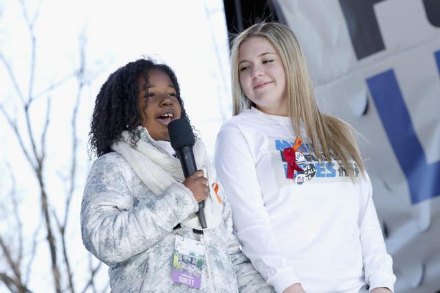 Yolanda Renee King and Jaclyn Corin speak onstage at March For Our Lives on March 24, 2018 in Washington, DC