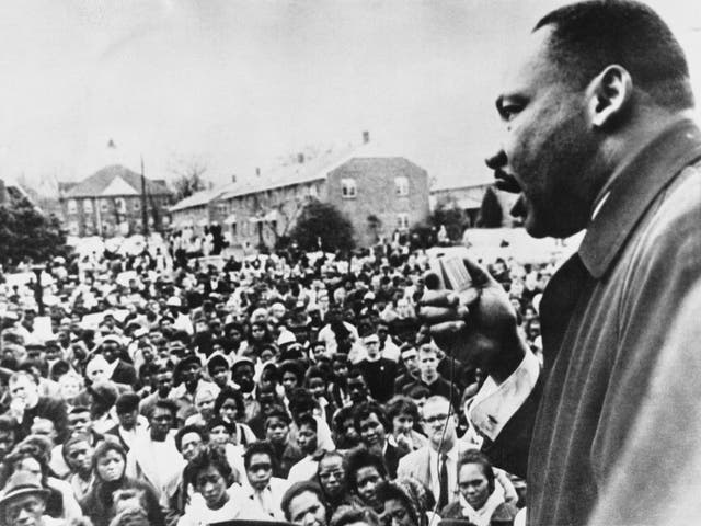 April 1965: Dr Martin Luther King addresses civil rights marchers in Selma, Alabama