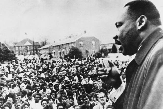 April 1965: Dr Martin Luther King addresses civil rights marchers in Selma, Alabama