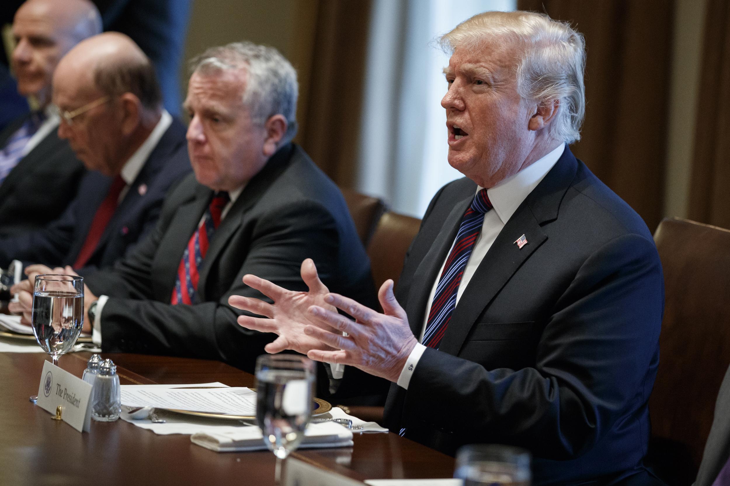 President Donald Trump speaks during a meeting with Baltic leaders in the Cabinet Room of the White House