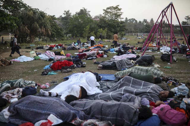 A group of migrants sleeping along the route as they make their way north to the United States