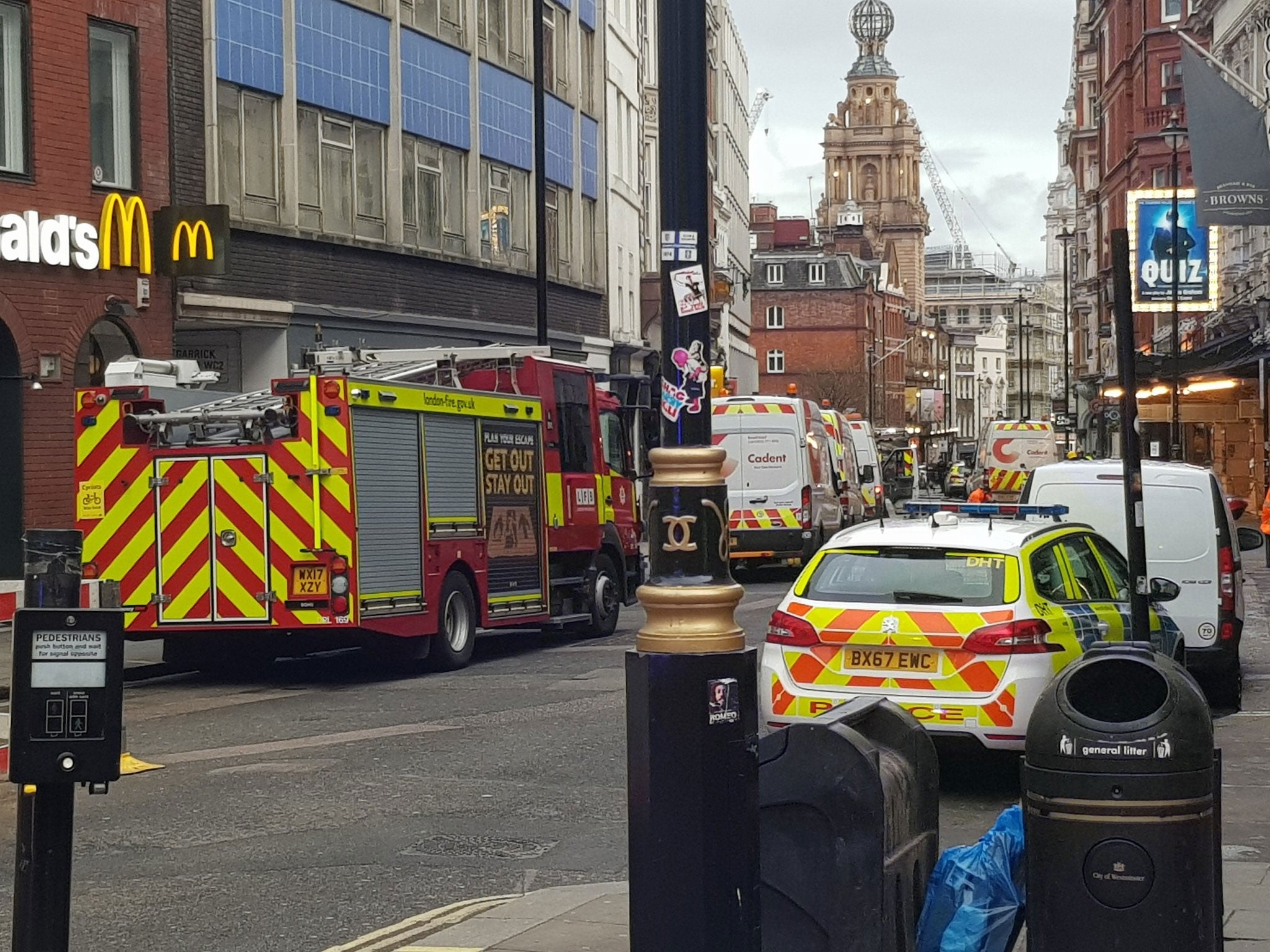 Police and fire crews at the scene of the gas leak in St Martin's Lane