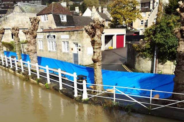Flood barriers along the banks of the River Avon in Wiltshire