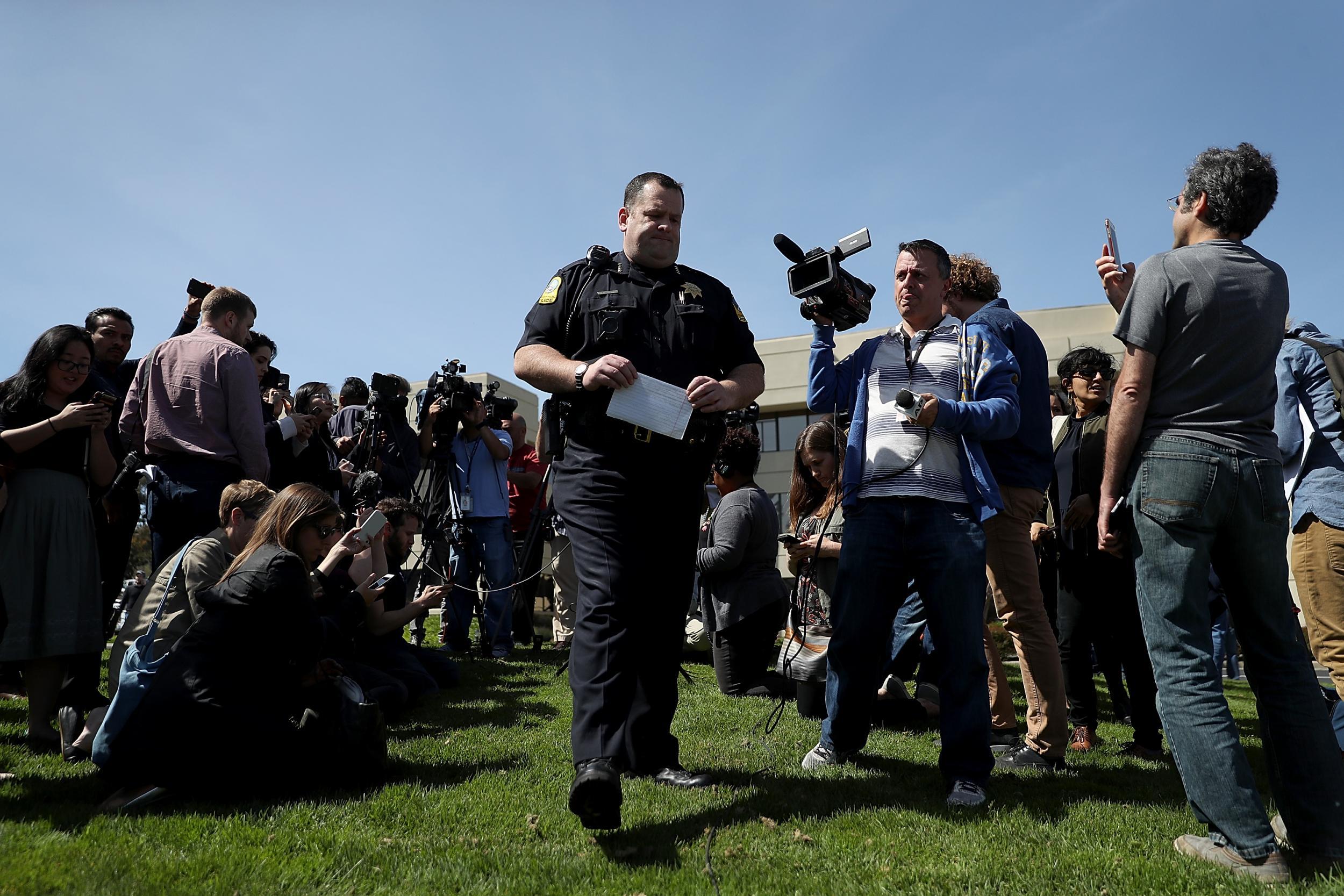 San Bruno police chief Ed Barberini speaks to members of the media outside of the YouTube headquarters on 3 April 2018 in San Bruno, California.