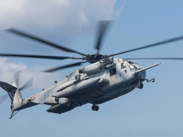 A CH-53 Super Stallion approaching the flight deck of the amphibious assault ship USS Bonhomme Richard