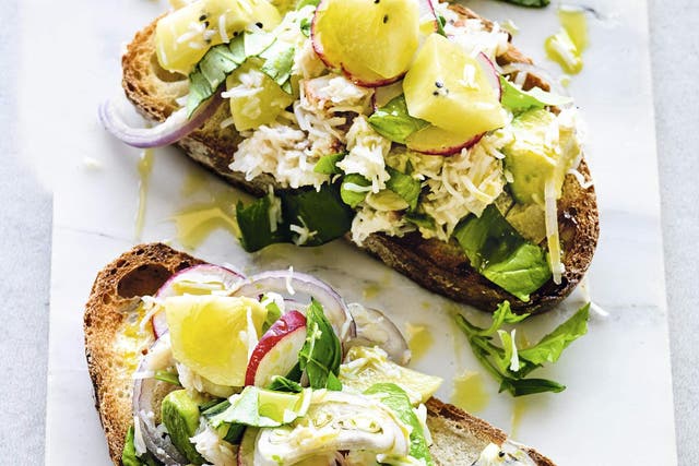 Add colour to white crab with avocados and kiwi in this salad dish