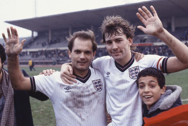Ray Wilkins with Bryan Robson after England beat Turkey 8-0 in 1984