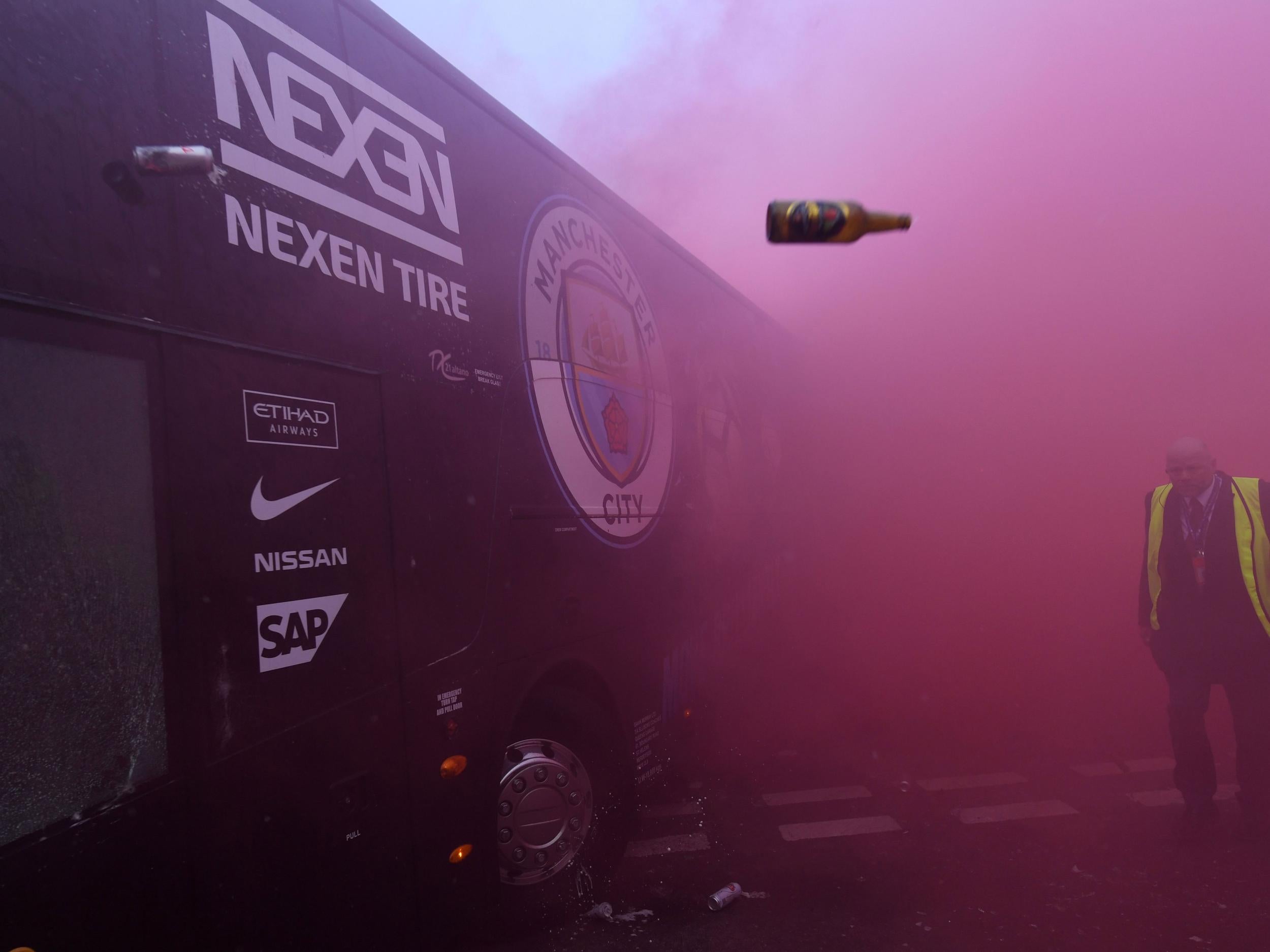 The Manchester City bus was hit by projectiles before kick off