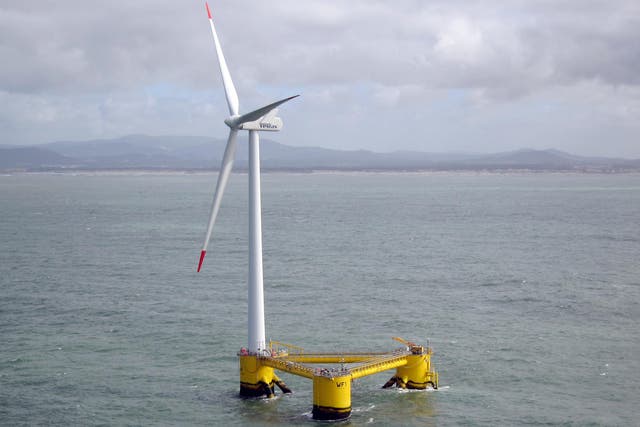 A floating wind turbine is pictured off the coast of Agucadoura, near Porto, in Portugal