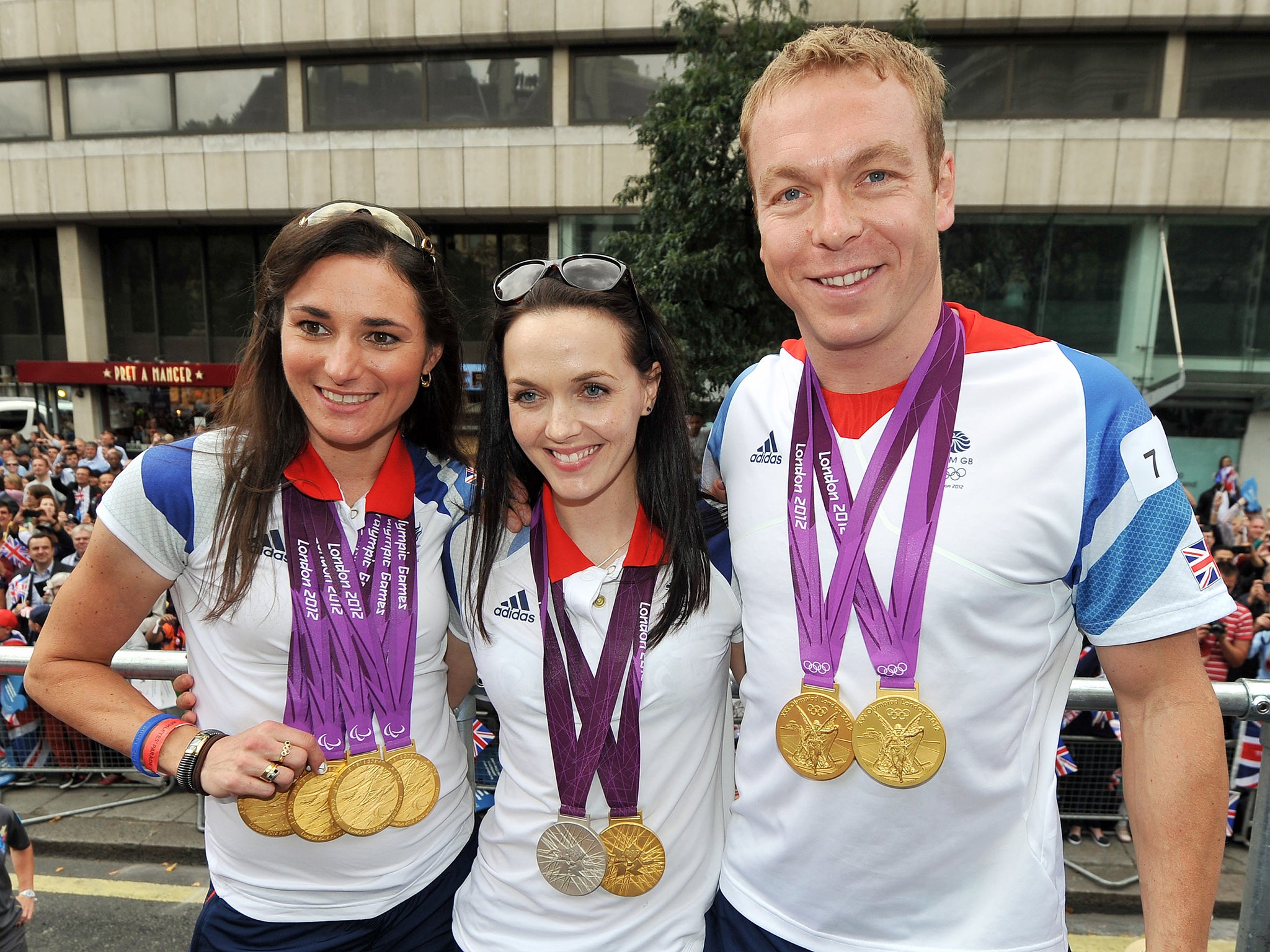 Storey, Victoria Pendleton and Chris Hoy with their London 2012 medals (PA )