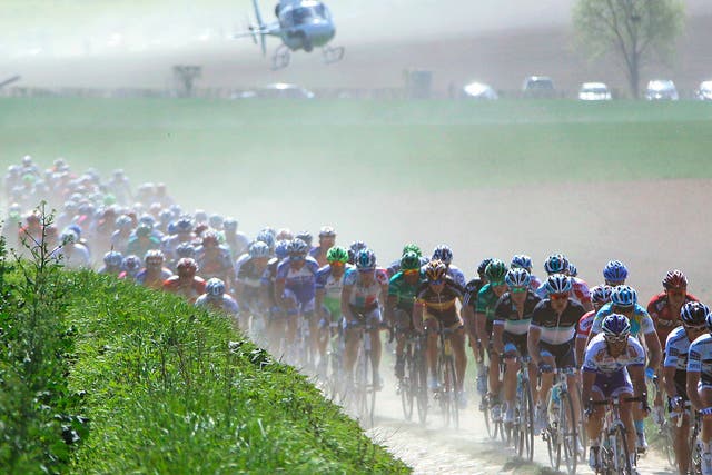 The cobblestoned section of the Paris-Roubaix classic in northern France, where punctures and crashes are common